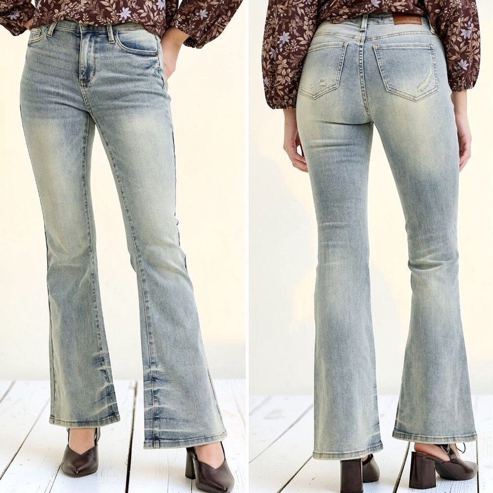 Judy Blue Mid Rise Tinted Wash Pin Tack Flare Jeans | Stretch Denim | 14W NWT